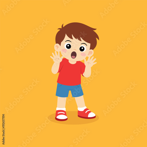 Surprised toddler boy cartoon character in simple flat style  solid background. Cute little kid with wide eyes and amazed expression
