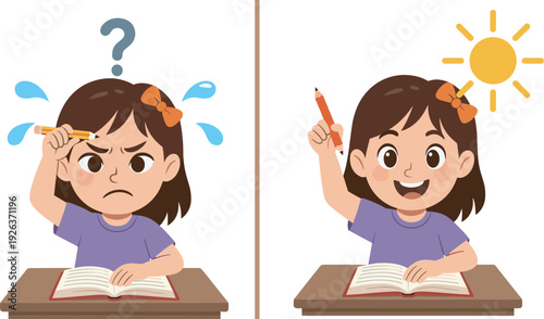 Confused and happy school girl studying concept, before and after learning success cartoon vector illustration