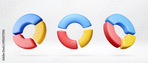 Three colored 3D torus charts on a white background. Data visualization element for business presentation, report, or infographic. Vector illustration
