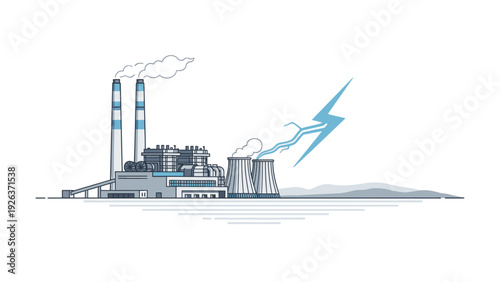 Illustration of a nuclear power plant with cooling towers emitting smoke and steam, with a lightning bolt nearby, set against a plain background.