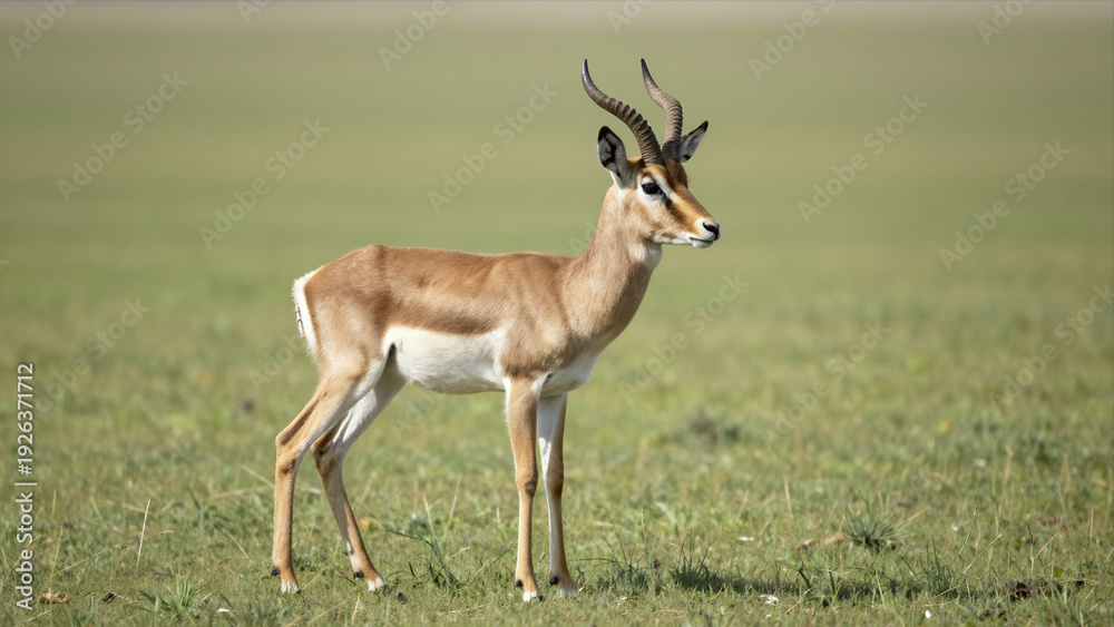 Fototapeta premium Gazelle Standing In A Lush Green Field During Daylight With A Natural And Serene Wildlife Setting