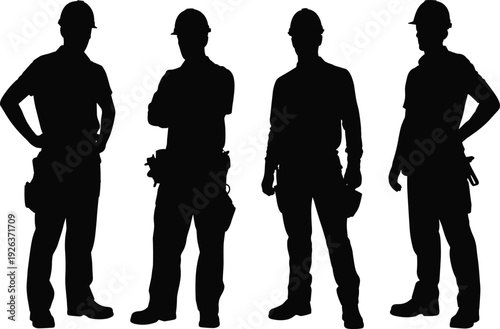 Construction worker silhouettes set with hard hats and tool belts isolated on white background, professional builder vector illustration for industry and labor concept design