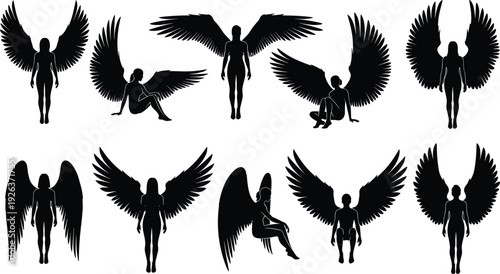 Collection of black silhouettes featuring male and female angelic figures with large feathered wings in various standing and sitting poses