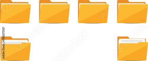 Yellow Folder Icon Set with Open and Closed File Directory Variations for Document Storage, Office Organization, and Digital Data Management Vector Design