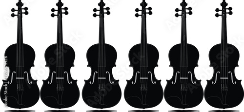 Set of black violin silhouettes and musical instrument icons representing classical music orchestral performance concert entertainment and artistic string equipment isolated
