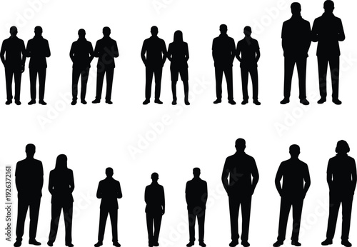 Business people silhouettes collection, professional men and women standing together, corporate teamwork concept, isolated black figures on white background