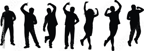 Dancing people silhouettes collection, energetic men and women party poses, celebration movement concept, isolated black figures illustration on white background