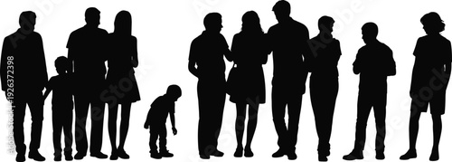 Family and people silhouettes collection isolated set, parents children group standing together, community crowd shadow figures illustration bundle
