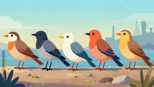 Illustration Of Five Birds Standing On A Shoreline With City Background, Flat Vector Style For Design