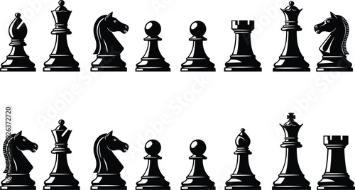 Collection of black chess piece silhouettes including king queen rook bishop knight and pawn icons for strategy game competition and success