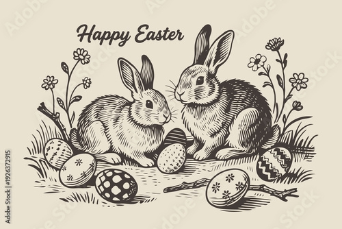 Two rabbits surrounded by decorated Easter eggs and flowers, hand-drawn sketch style on beige background, concept of Easter celebration