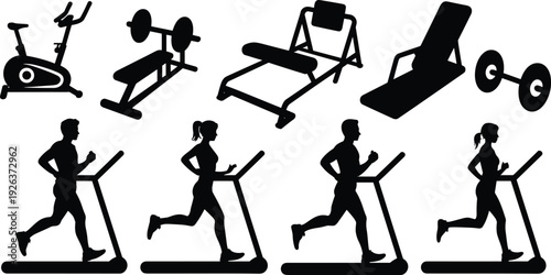 Gym equipment silhouettes, treadmill running people, fitness training, workout machines, healthy lifestyle, bodybuilding, cardio exercise, isolated black sports illustration collection