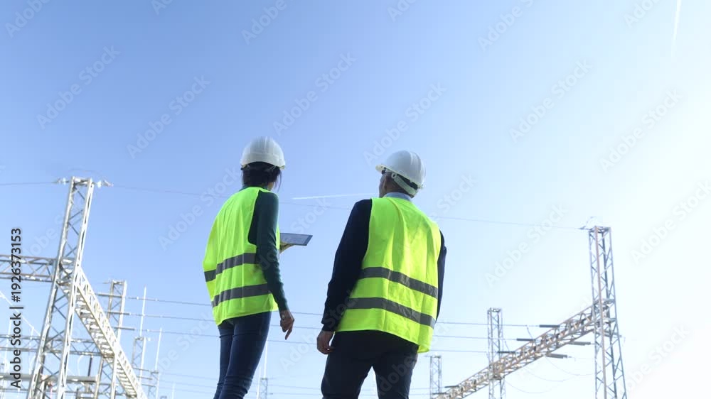 Two engineers wearing hard hats and safety vests discussing a project ...