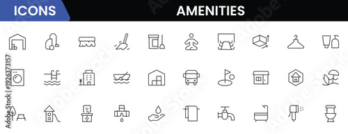 Convenient vector web line icons depicting amenities, facilities, services, pools, gyms, parking, and modern lifestyle conveniences.