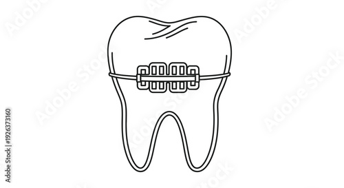 Line art illustration of a human tooth with braces showcasing orthodontic treatment