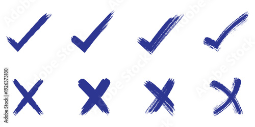 check mark and cross element. doodle, hand drawn brush vector illustration. Grunge brush stroke signs. Grunge checkmark design. Dirty grunge stroke checkmark sign vector. eps 10