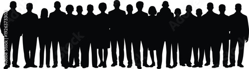 Large crowd silhouettes standing together, diverse people community unity concept, teamwork society illustration isolated black group on white background