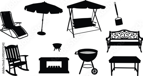 Outdoor garden furniture silhouettes collection isolated set, patio chairs umbrella swing grill bench table, backyard equipment shadow illustration bundle