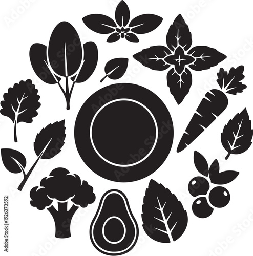 Healthy food ingredients and vegetables in black silhouette style