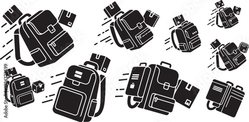 Collection of various backpacks and bags in motion graphics