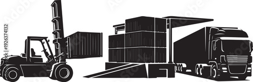 Forklift loading shipping containers onto semi truck trailer vehicle