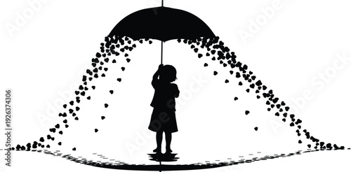 Black silhouette of a little girl holding an umbrella while hearts rain down around her representing love kindness and happiness