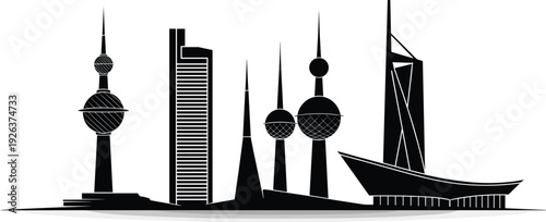 Kuwait city skyline silhouette featuring iconic Kuwait towers and modern skyscrapers architectural landmarks urban cityscape panorama black vector illustration on white