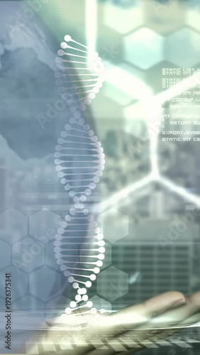 Vertical video: Dots appearing above palm forming rising turning DNA helix showing data globe hex