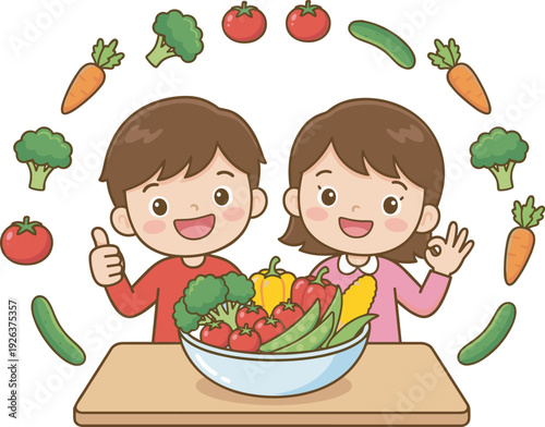 Happy kids eating fresh vegetables, healthy nutrition concept cartoon children with organic food bowl