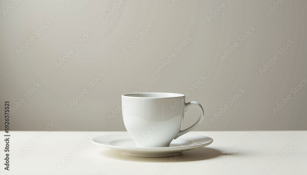 Obraz premium white ceramic coffee cup with saucer on a minimalist surface against a neutral background for branding and café presentations