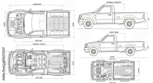 Pickup Truck Technical Drawing Diagrams.