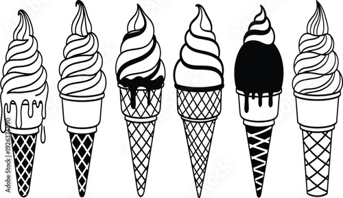 Collection of six stylized ice cream cone illustrations featuring waffle cones, chocolate toppings, and swirl designs for dessert and food themes