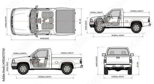 Pickup Truck Technical Drawing Blueprint.