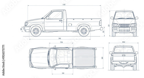Pickup Truck Technical Drawing Blueprint.