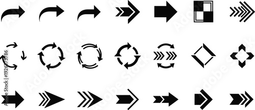 Collection of black arrow icons including directional pointers curved redo symbols reload circles and geometric navigation shapes isolated on white background