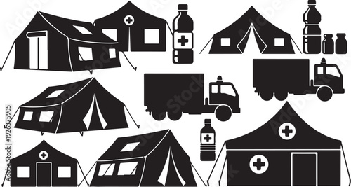 Disaster Relief Medical Tents and Emergency Vehicles Icons Set