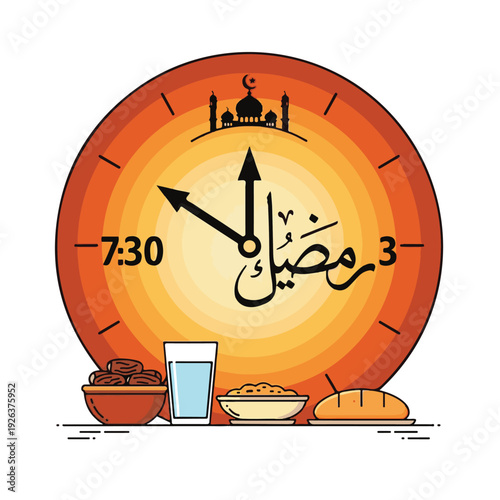 Ramadan clock with food and drink.