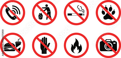 Collection of black prohibition icons with red circles forbidding phone calls littering smoking pets eating touching fire and photography on white