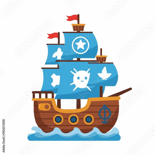 Cartoon pirate ship with blue sails featuring simple, friendly skull and star emblems floats on stylized blue waves.