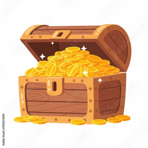 Sturdy wooden treasure chest overflows with sparkling gold coins and valuable currency spilling onto the ground.
