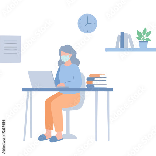 A focused individual working on a laptop surrounded by study materials and a clock. Vector