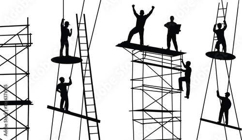 Silhouette construction workers on tall scaffolding raising arms in victory, celebrating team success achievement triumph at building site construction project
