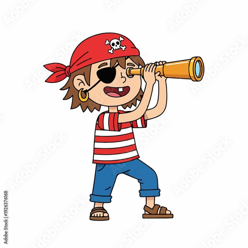 Young cartoon pirate boy wearing a red bandana and eye patch looks through a brass telescope for adventure.