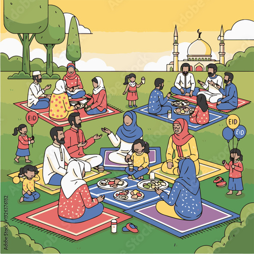 People sitting on colorful mats outdoors.