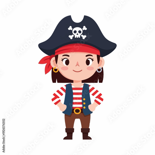 Cheerful female child character dressed in classic pirate attire stands confidently with hands on hips against a white background.