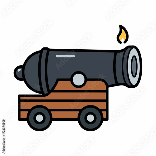 Antique cannon illustration shows a dark metal barrel mounted on a wooden carriage with small wheels and a lit fuse at the muzzle.
