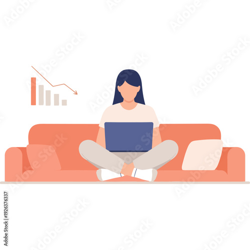 Woman working on laptop with financial charts and documents on a cozy couch Vector