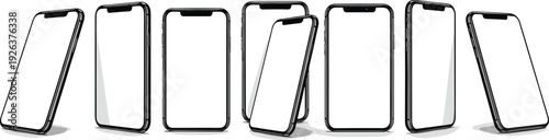 Collection of realistic smartphone mockups with blank white screens viewed from different angles for mobile app design presentation and web