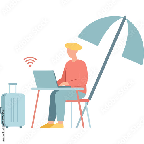 A person working remotely on a sunny day while relaxing with an umbrella. Vector