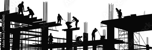 Silhouette construction workers team building concrete structure rebar scaffolding hard work teamwork building site industrial construction project activity workers